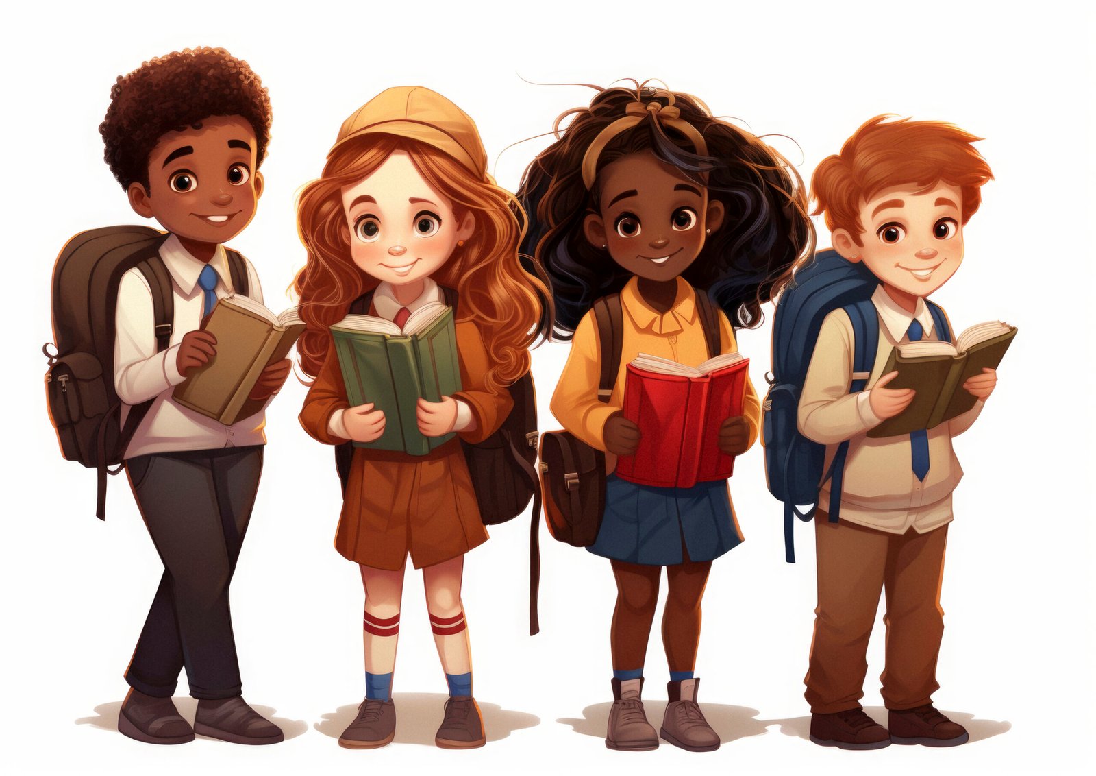 cartoon kids with backpacks and books, isolated on white background vector illustration, in the style of uncanny valley realism, school of london, animated gifs, bloomsbury group, diverse color palette, 1970â€“present, elegantly formal --ar 38:27 --v 5.2 Job ID: d54d5799-672e-4fee-8823-3e986d7a34a4